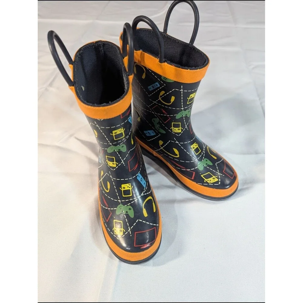 Kids Black Rain Boots with Orange Trim and Gaming Icons - Size 9/10